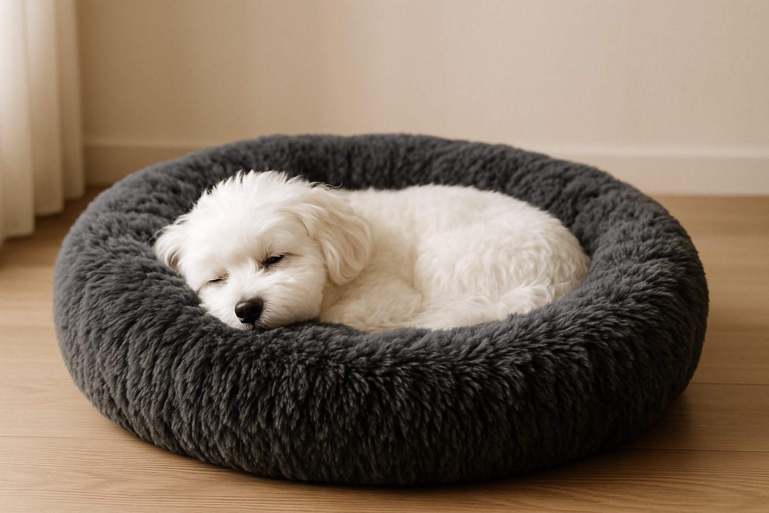 A realistic photo ofa small white Maltipoo dog curled up in a fluffy charcoal-grey donut dog bed. Soft natural lighting, cosy indoor setting with neutral background. High quality lifestyle product photography, suitable for an e-commerce website.